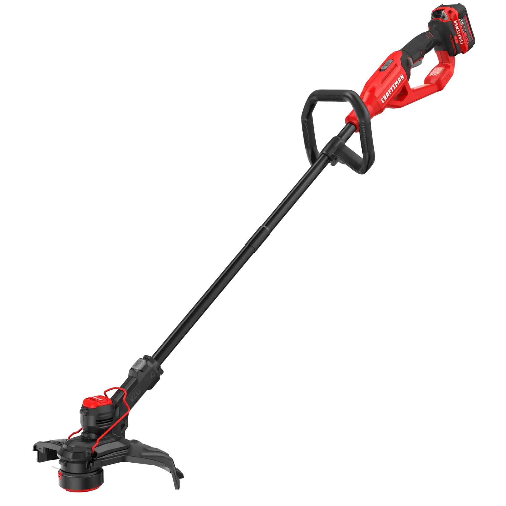 A red and black cordless string trimmer for yard and lawn maintenance, featuring a long shaft, ergonomic handle, and battery pack at the top.
