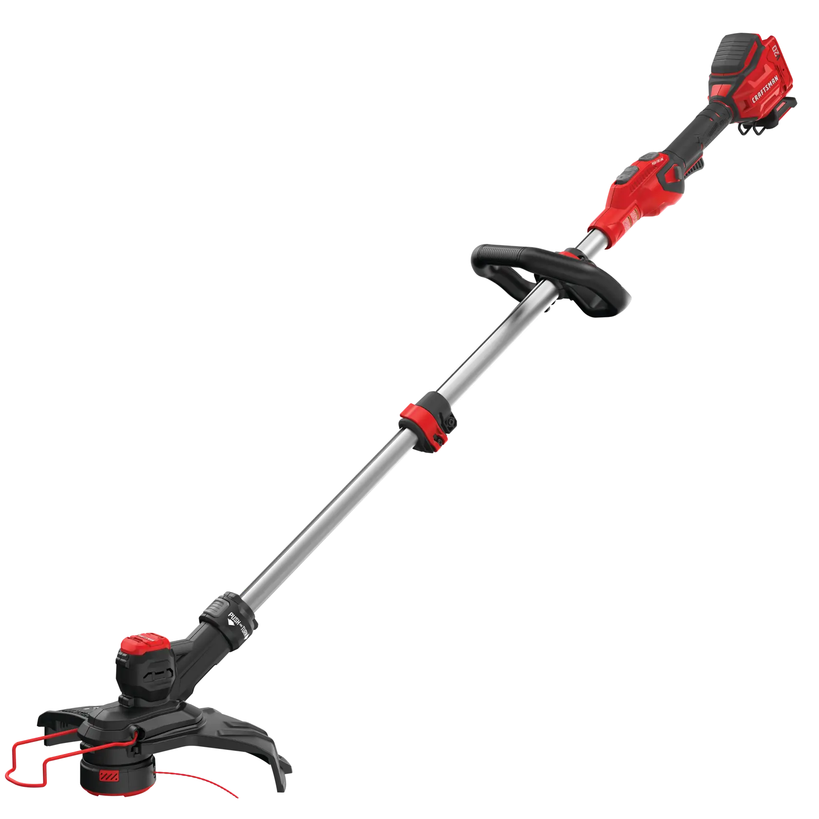 Photo of CRAFTSMAN cordless string trimmer, red and black, SKU CMCST910B, side angle on white background.