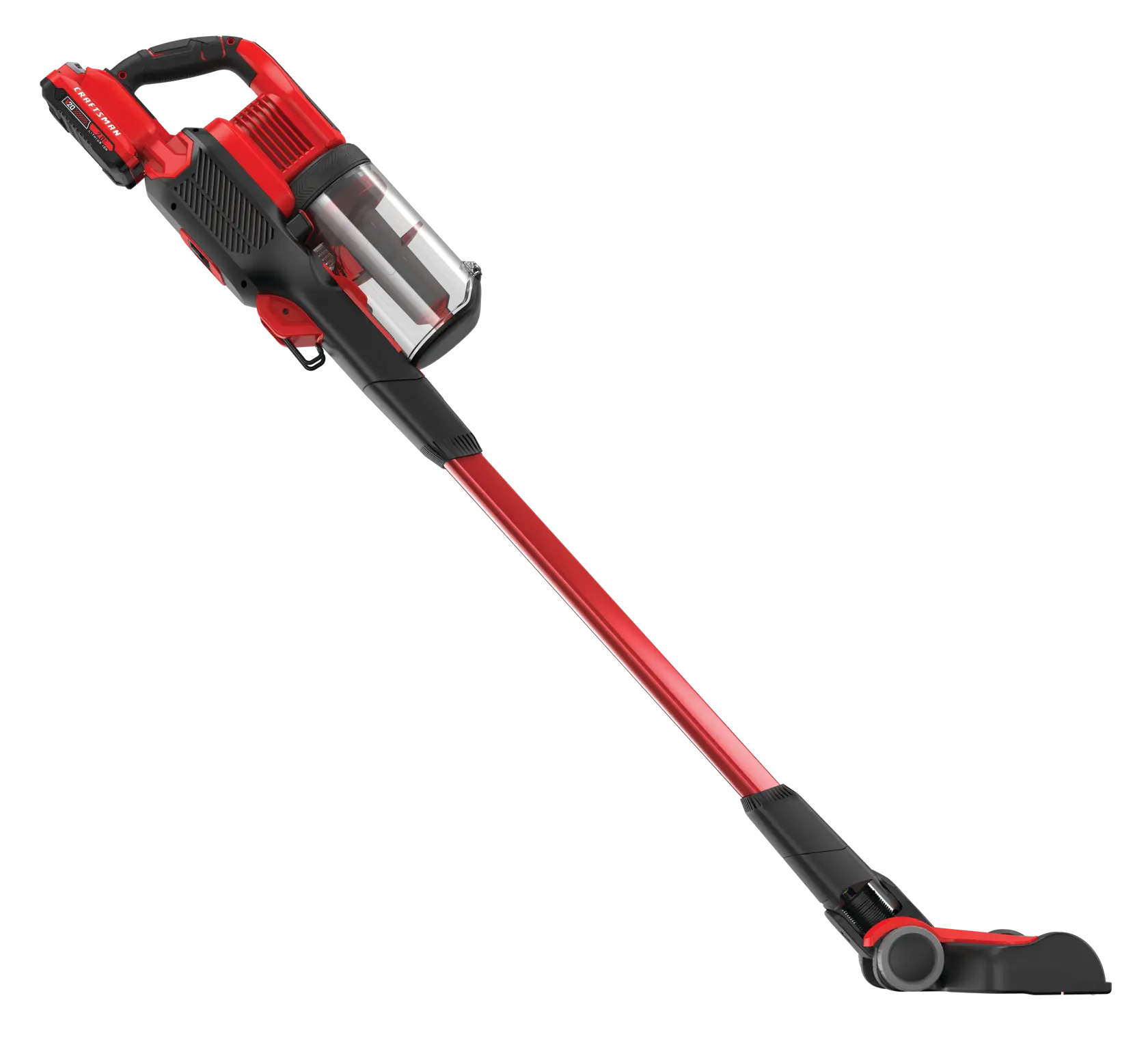 Craftsman V20 cordless stick vacuum CMCSV001D1 red and black white background beauty shot left angle.
