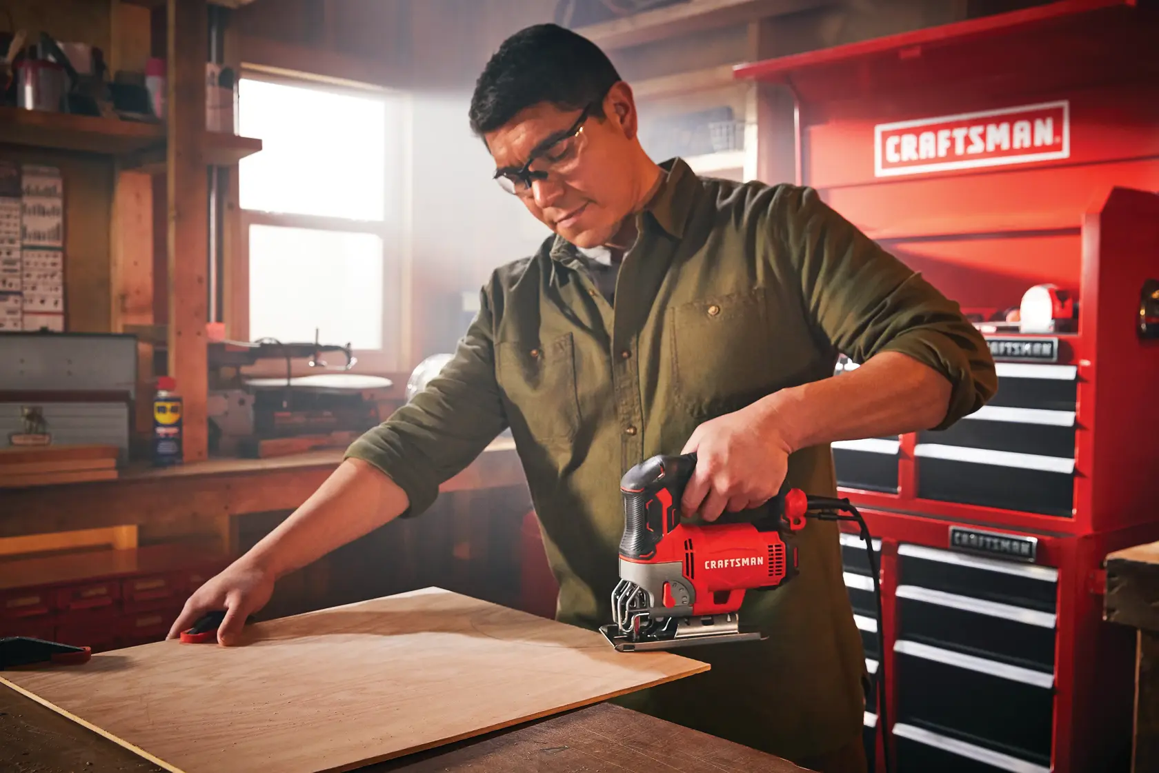 6 amp variable speed jig saw being used by a person.