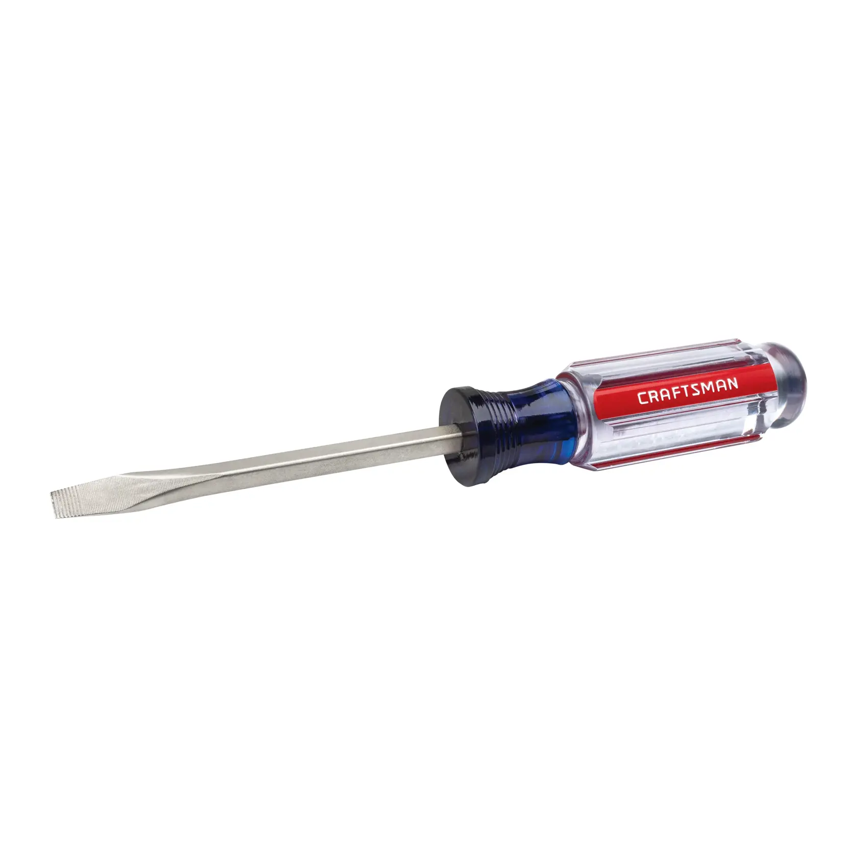 Craftsman slotted screwdriver with clear and red handle, white background beauty shot, angled view.