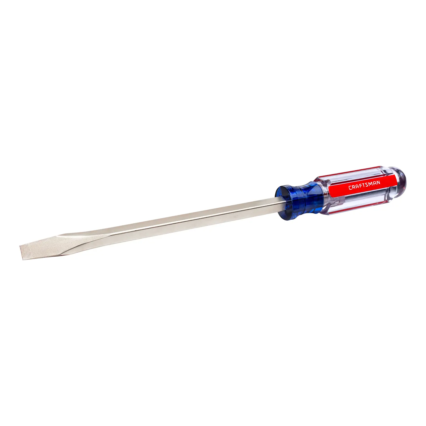 Craftsman slotted screwdriver with clear blue and red handle, white background beauty shot, angled side view.