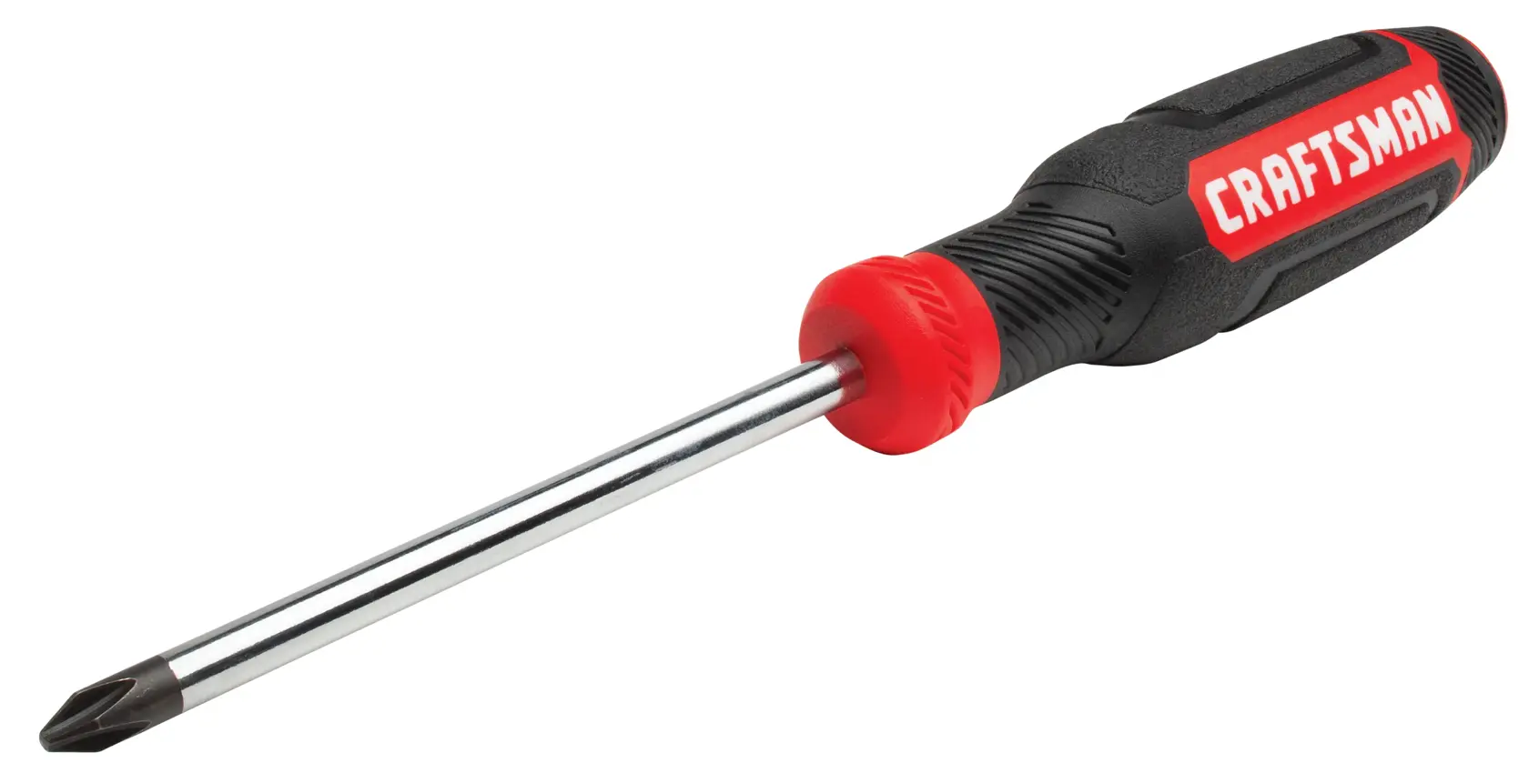 A Phillips head screwdriver with a black and red handle and the word 'CRAFTSMAN' written on the handle.
