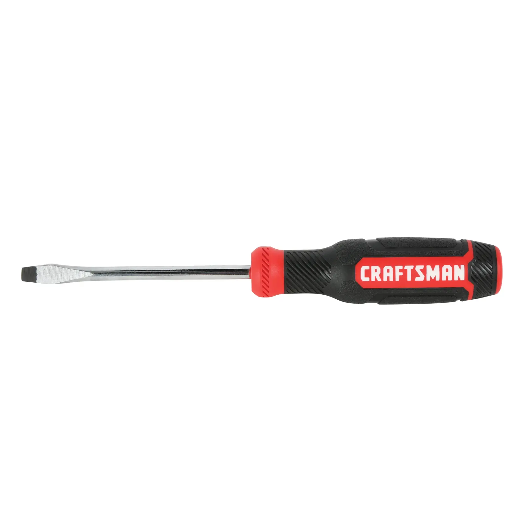 A flat-head screwdriver with a black and red handle displaying the brand name CRAFTSMAN.