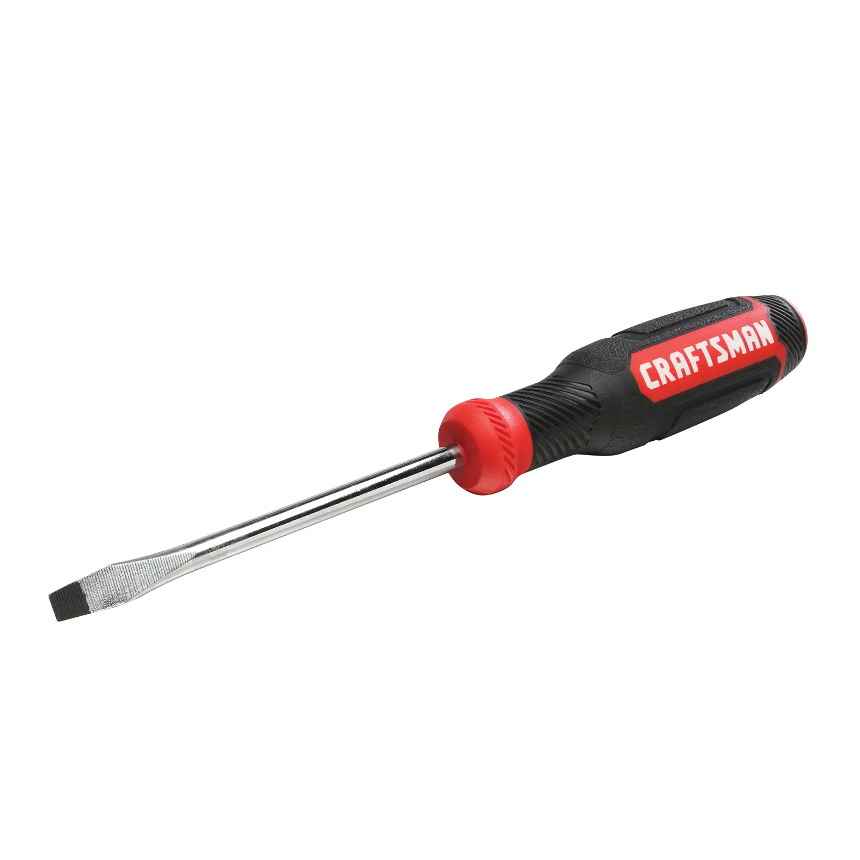 A flathead screwdriver with a black and red handle, displaying the brand name 'CRAFTSMAN'.