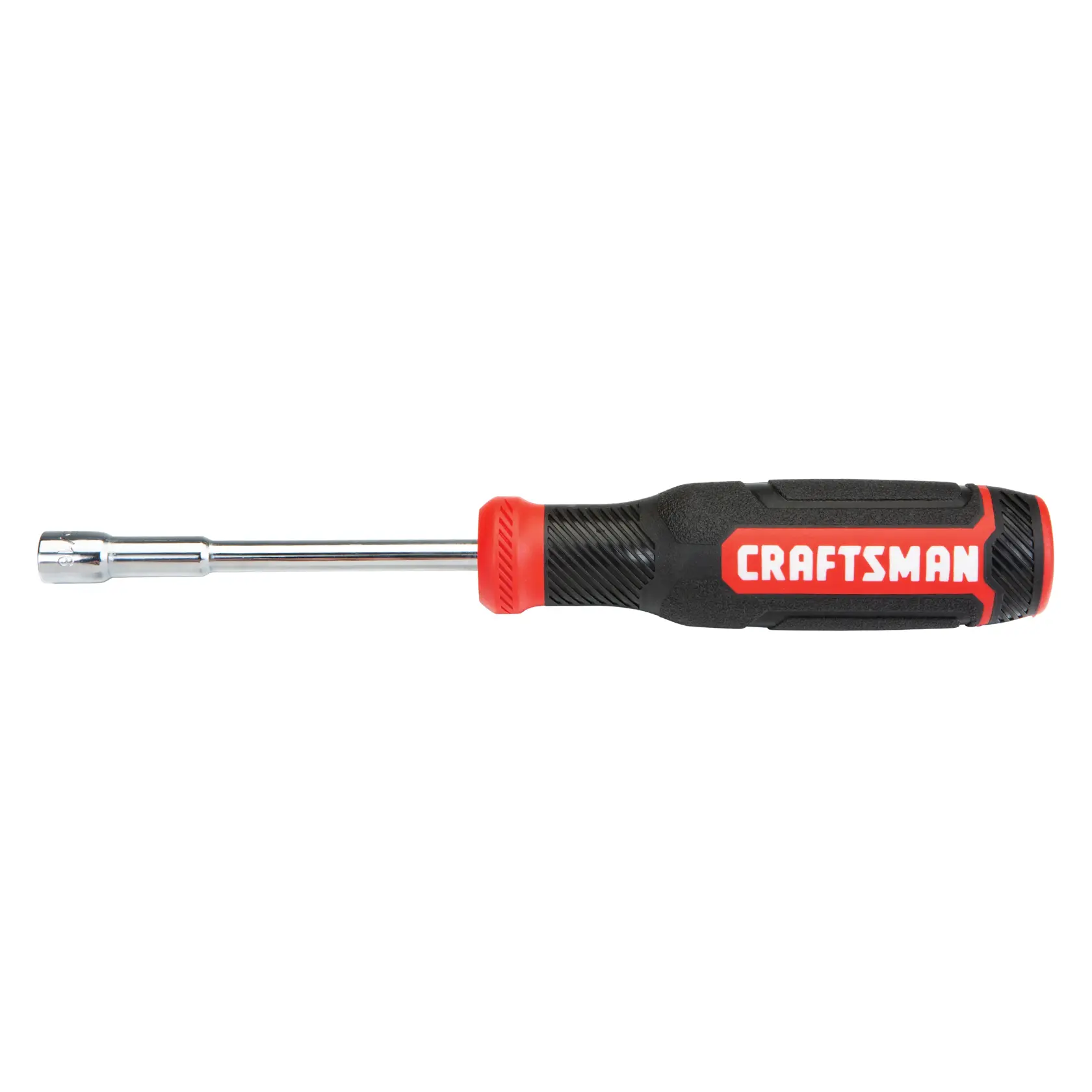 Craftsman nut driver CMHT65071 black and red handle, metal shaft, white background beauty shot, side angle.