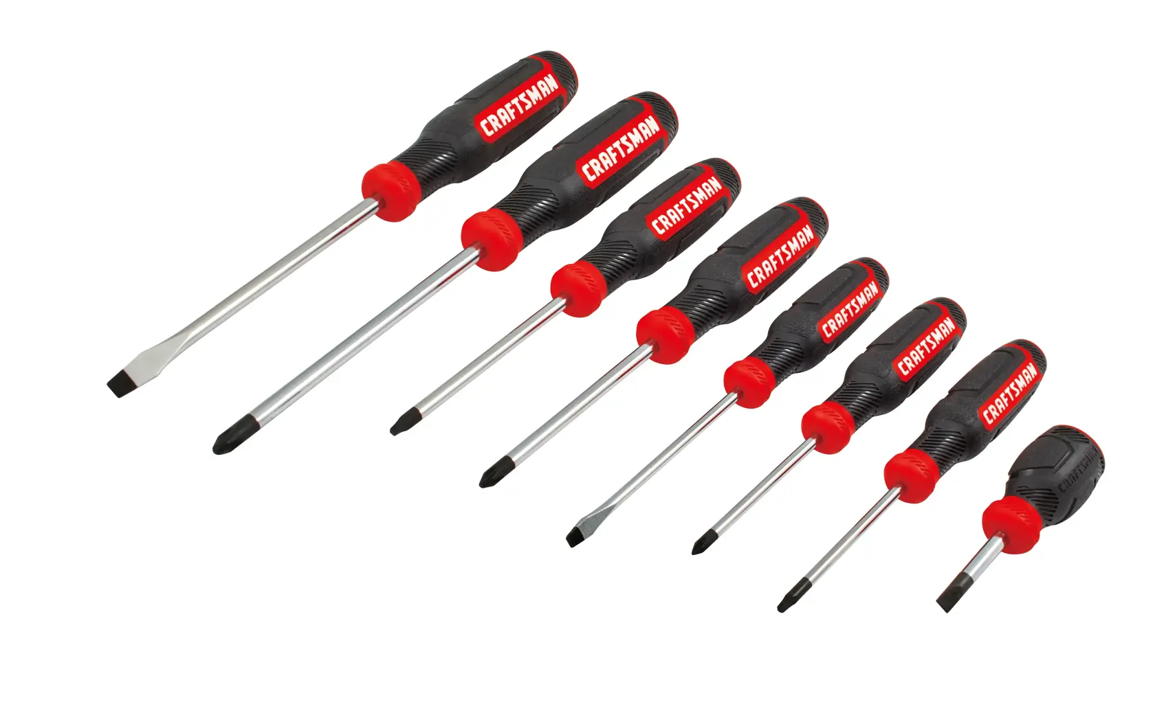 Craftsman 8-piece screwdriver set black and red handles CMHT65075 white background beauty shot angled view
