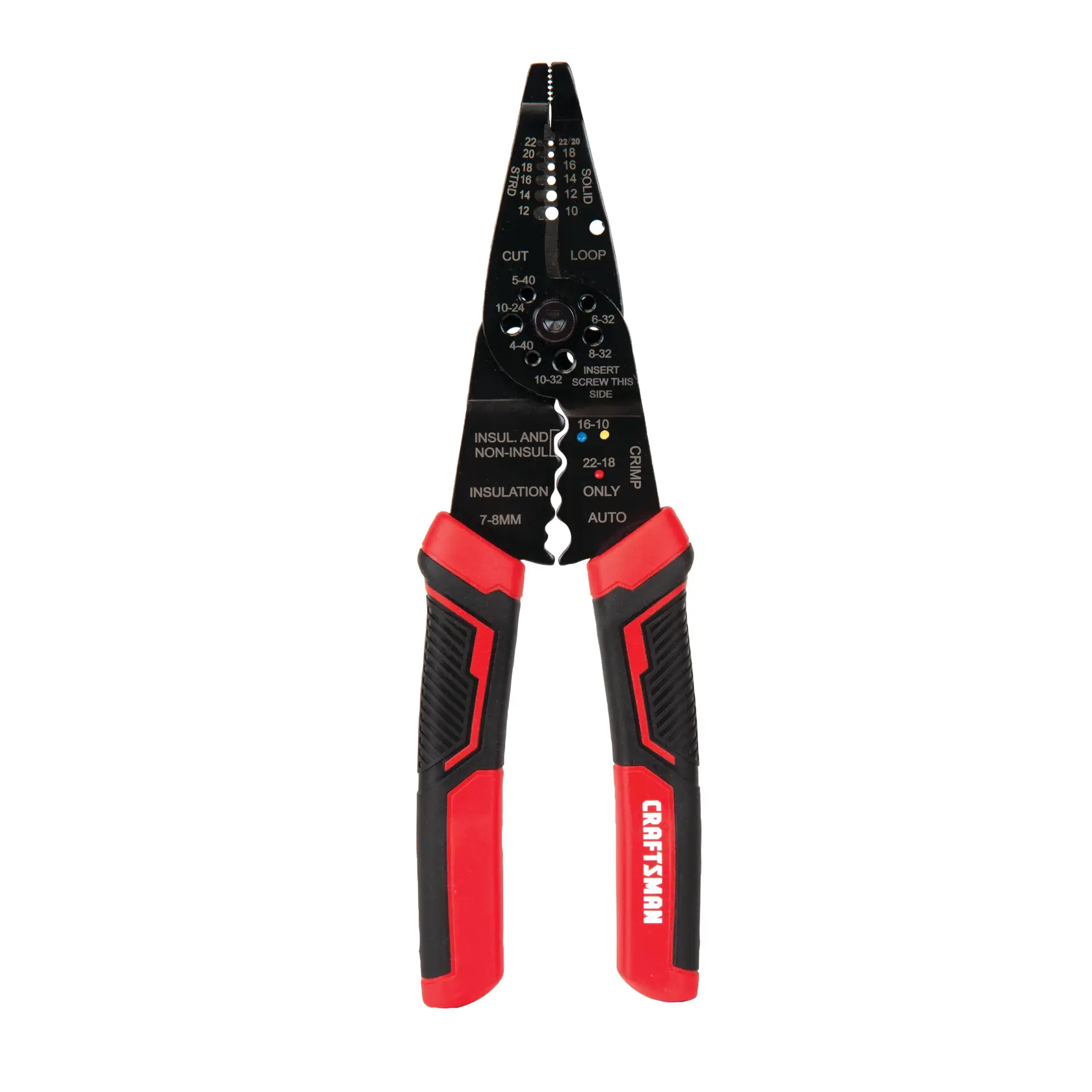 Craftsman wire stripper with red and black handles CMHT81716 white background beauty shot front angle