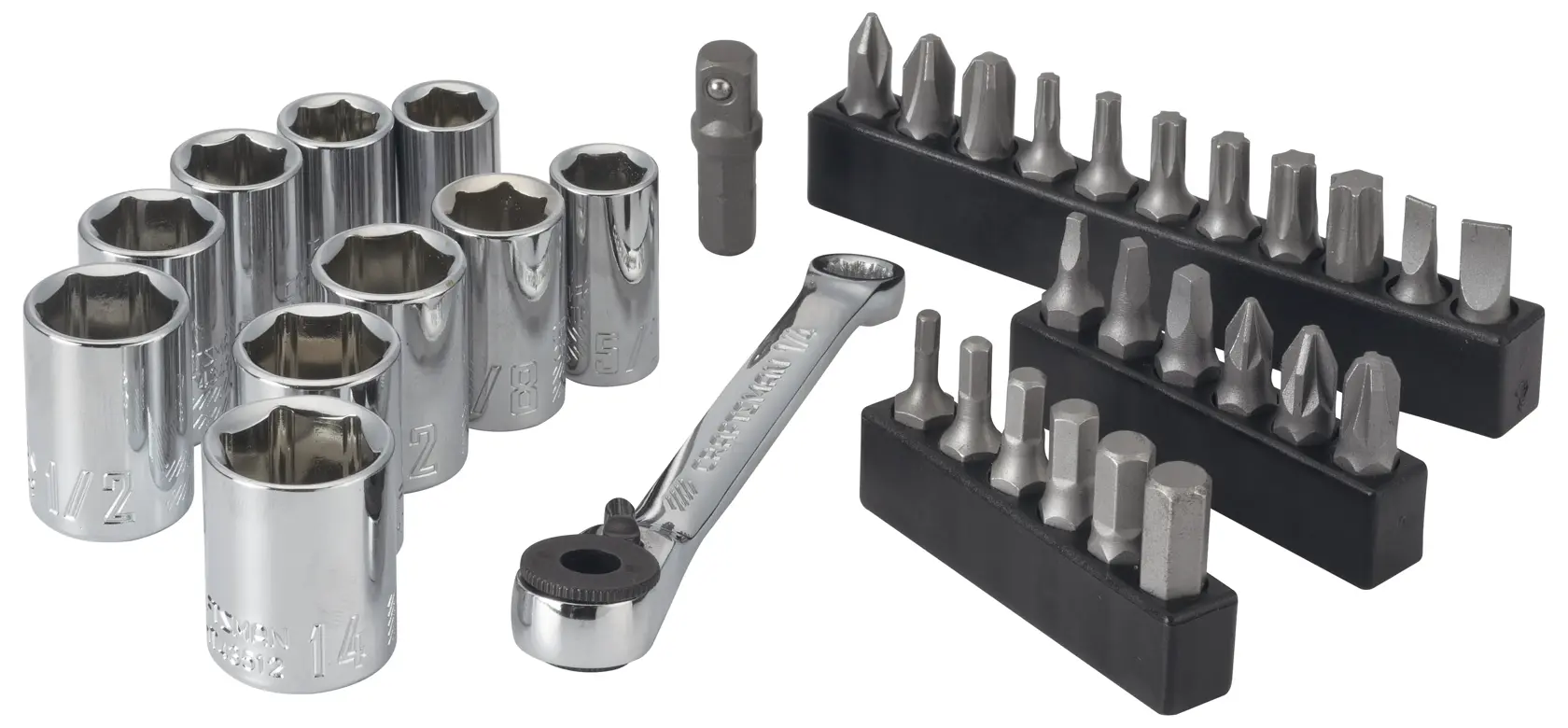 Craftsman ratchet socket and bit set, multiple chrome sockets and bits, white background beauty shot, front angle