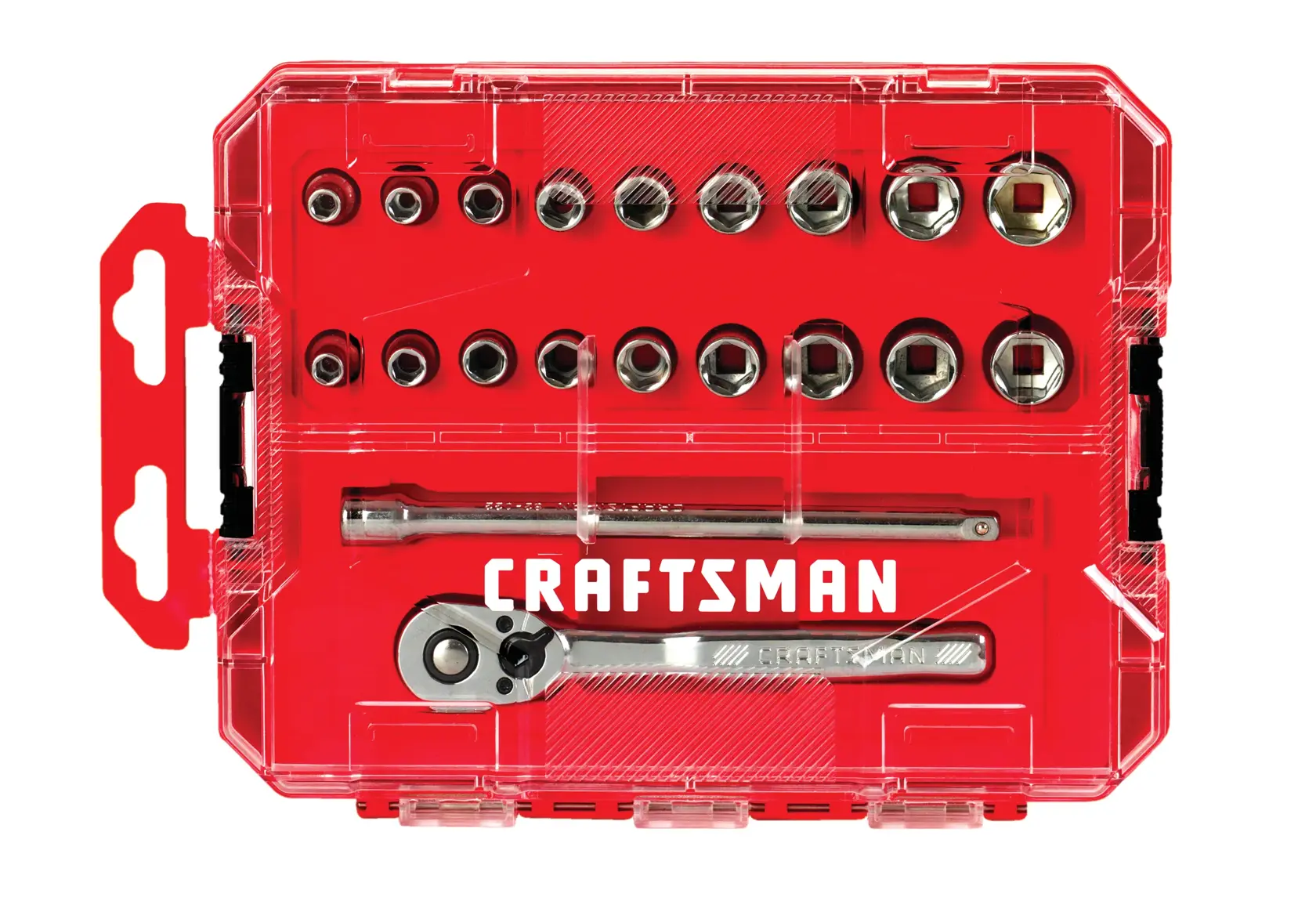 Craftsman socket and ratchet set CMK2112 white background beauty shot top angle