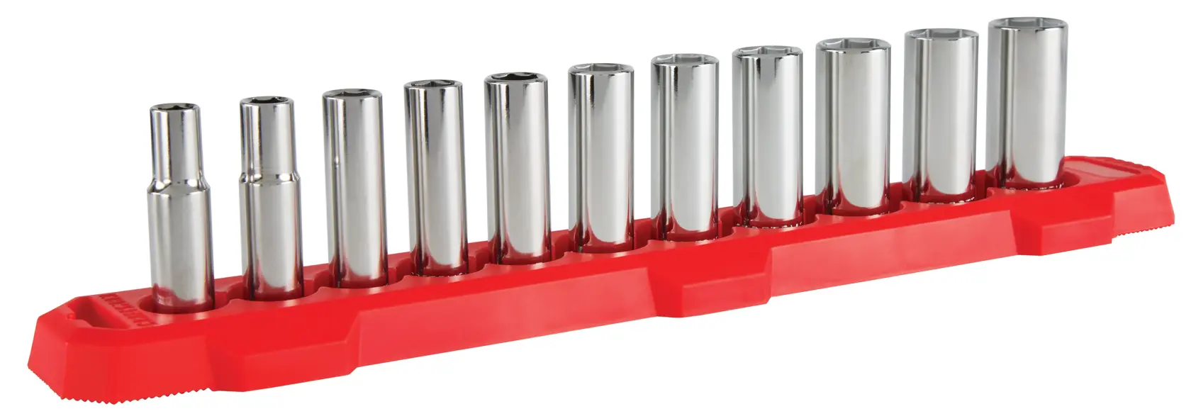 Craftsman socket set with chrome sockets, red organizer tray, CMHT26002, white background beauty shot, front angle.