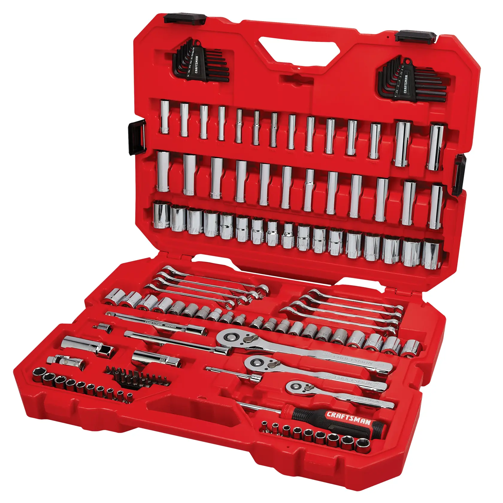 A red tool case opened to display a comprehensive mechanic's tool set, including various sockets, ratchets, wrenches, screwdriver, bit sets, and hex keys. All the tools are neatly organized within the case.