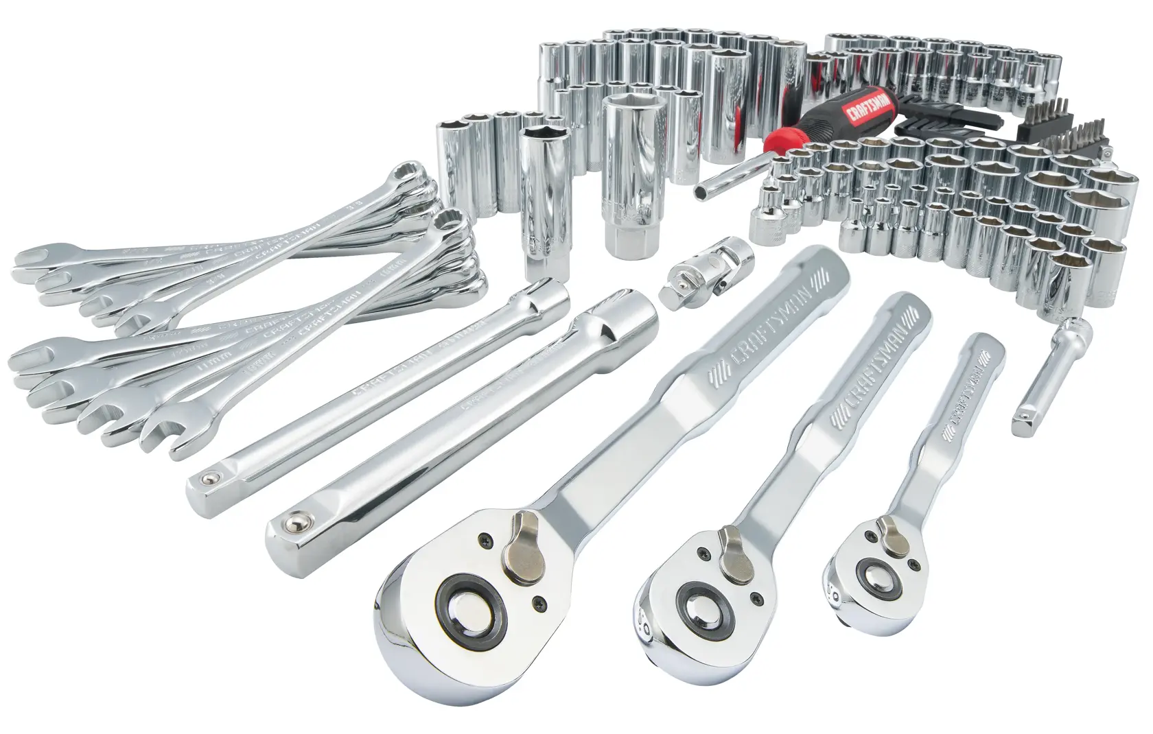 A set of metallic hand tools, including various wrenches, ratchets, sockets, screwdrivers, and extensions, organized and displayed on a white background.