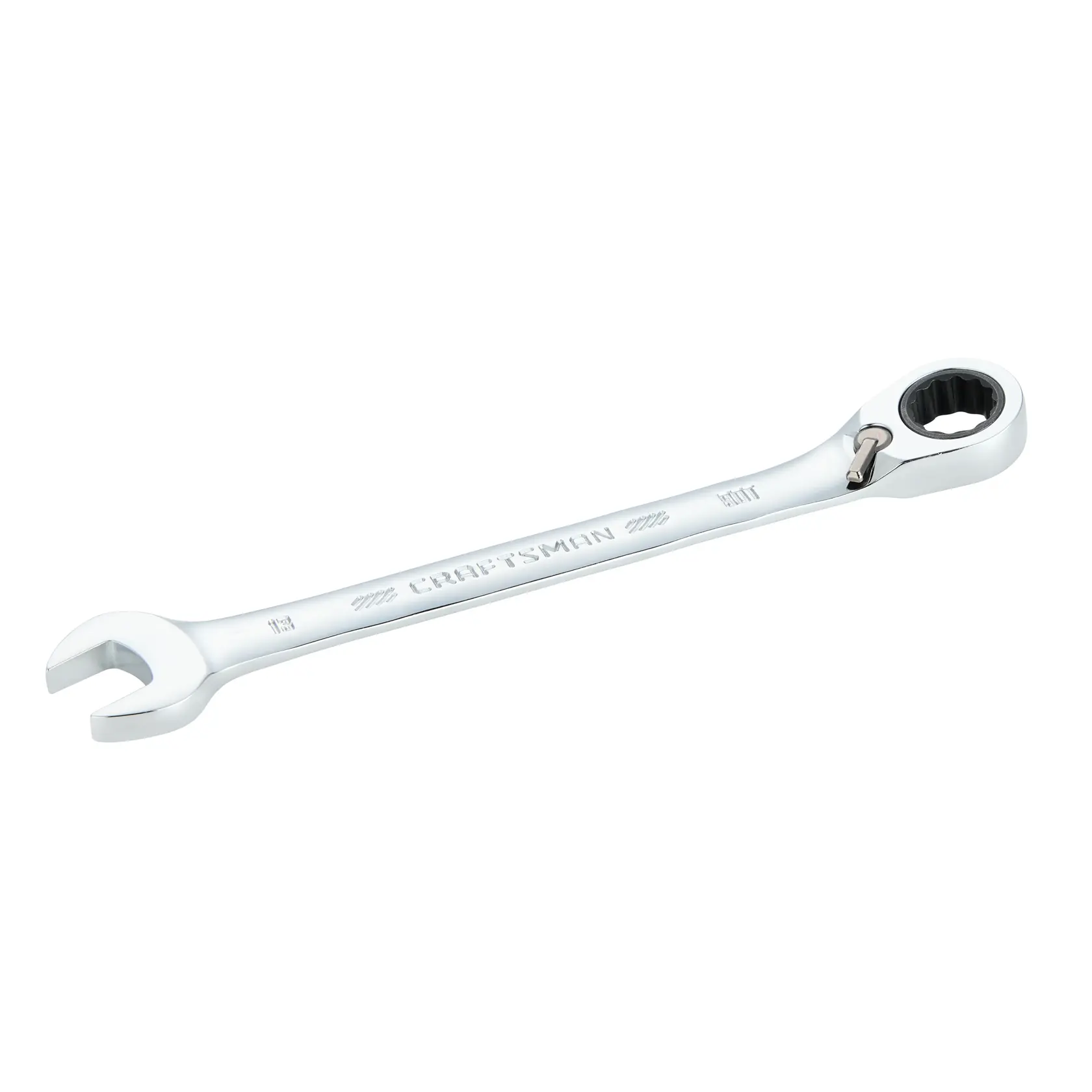 A silver CRAFTSMAN ratcheting combination wrench with an open end on one side and a ratcheting box end on the other, displayed on a white background.