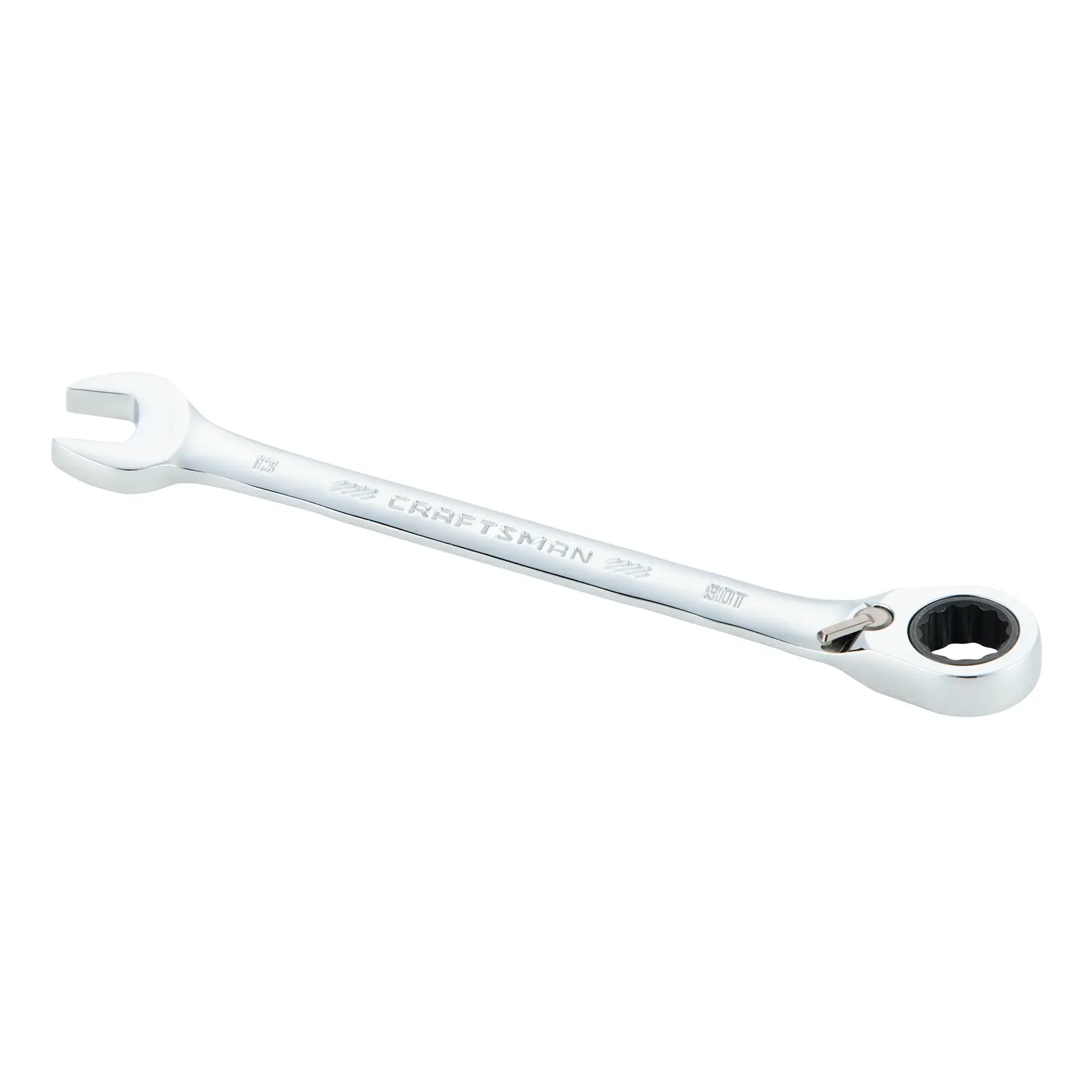 A CRAFTSMAN branded ratcheting combination wrench with a chrome finish. One end has an open jaw for gripping nuts and bolts, while the other end has a ratcheting box for tightening or loosening fasteners.