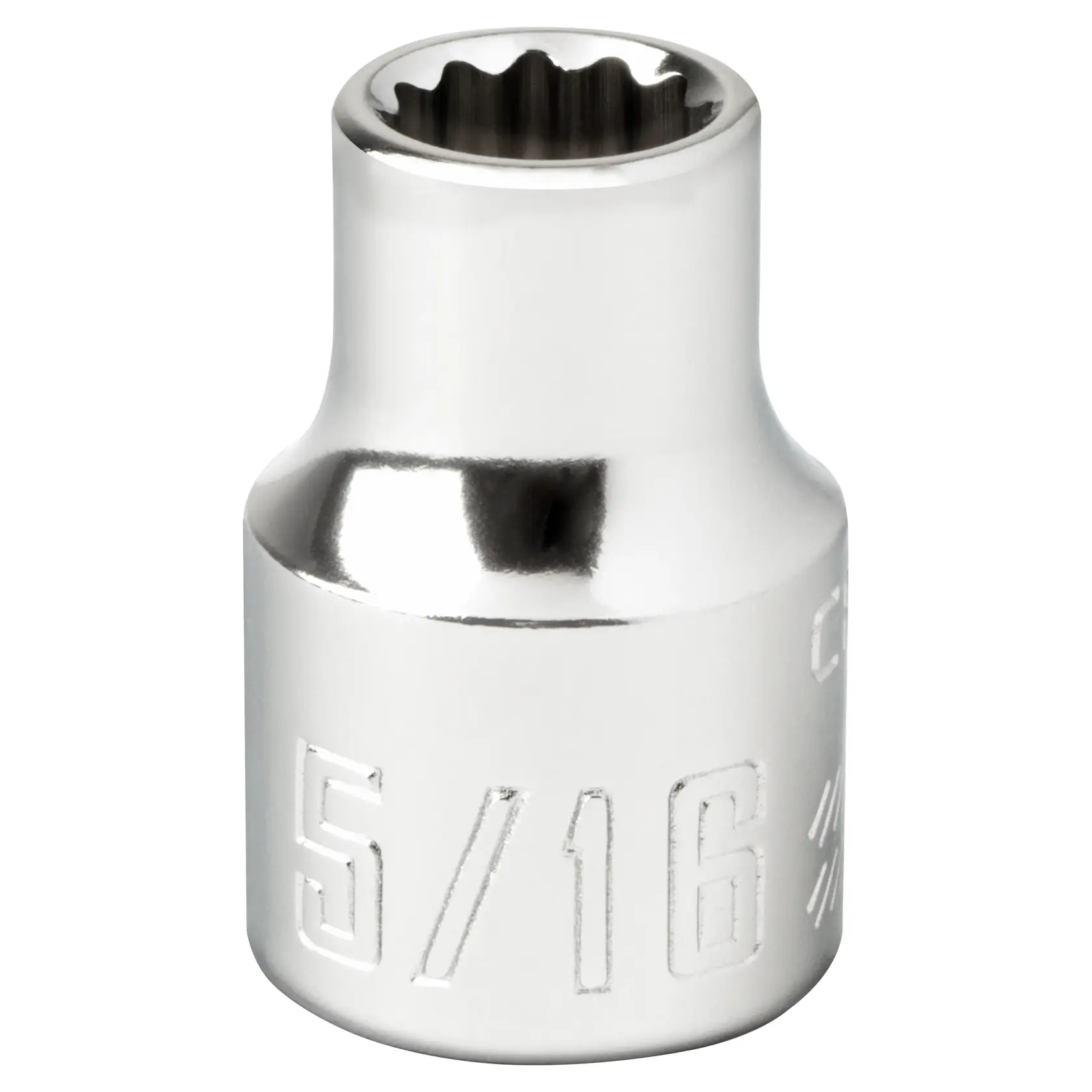 A close-up photo of a shiny metal socket with twelve-point interior, engraved with the measurement 5/16 on its side.