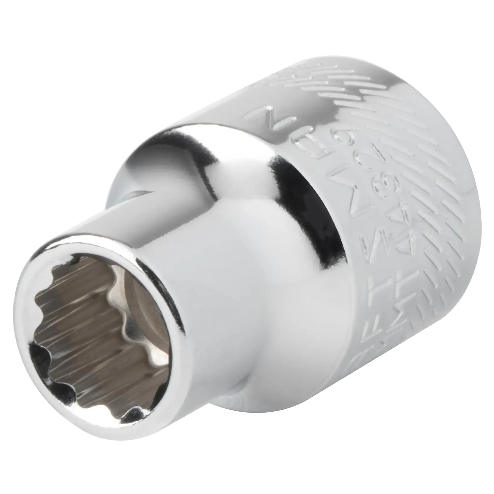 A close-up image of a shiny, metallic socket tool with a twelve-point interior design. The tool features textured grip and engraved markings on the outer surface.