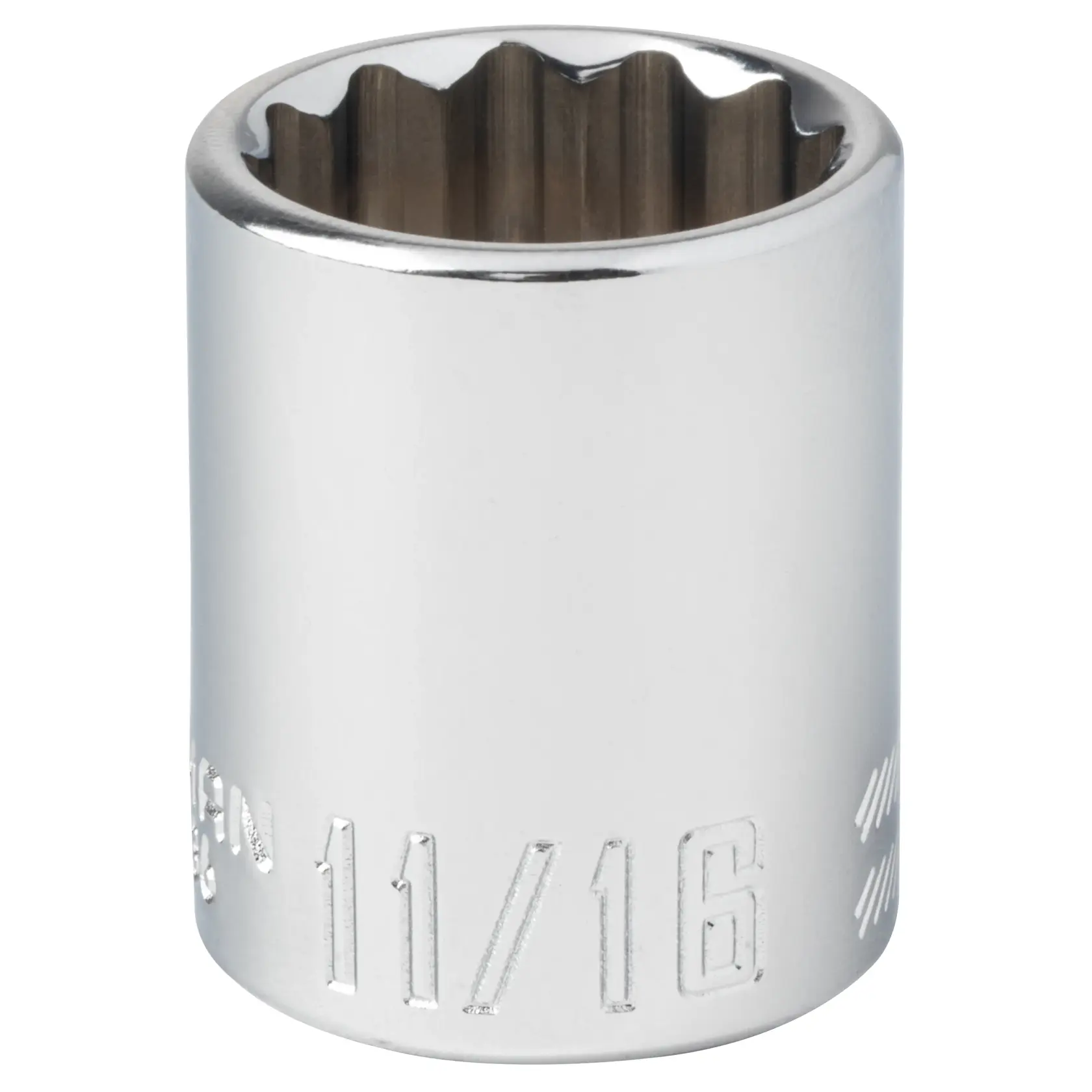 A close-up image of a shiny metal socket, marked with the size 11/16. The socket is used with a ratchet or wrench for tightening or loosening nuts and bolts.