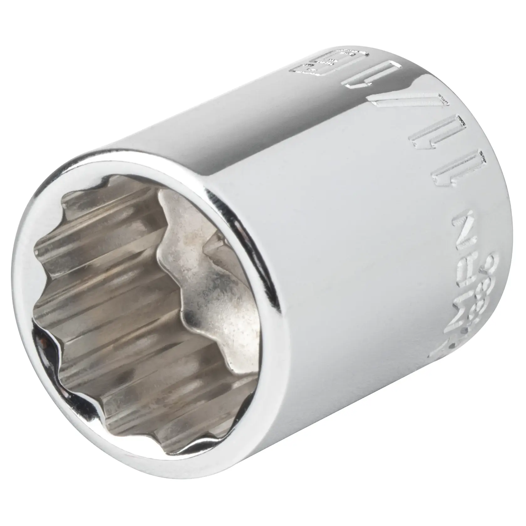 A close-up image of a shiny metal socket, typically used with a ratchet or socket wrench for loosening or tightening bolts and nuts. The socket has a twelve-point interior design and engraved markings indicating size and brand.