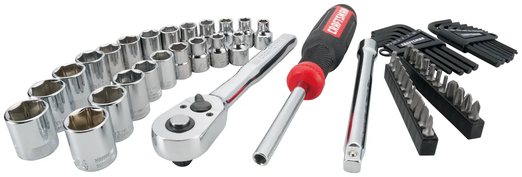 Craftsman mechanic's tool set 99840 with ratchet, sockets, hex keys, screwdriver, and bits white background beauty shot front angle.