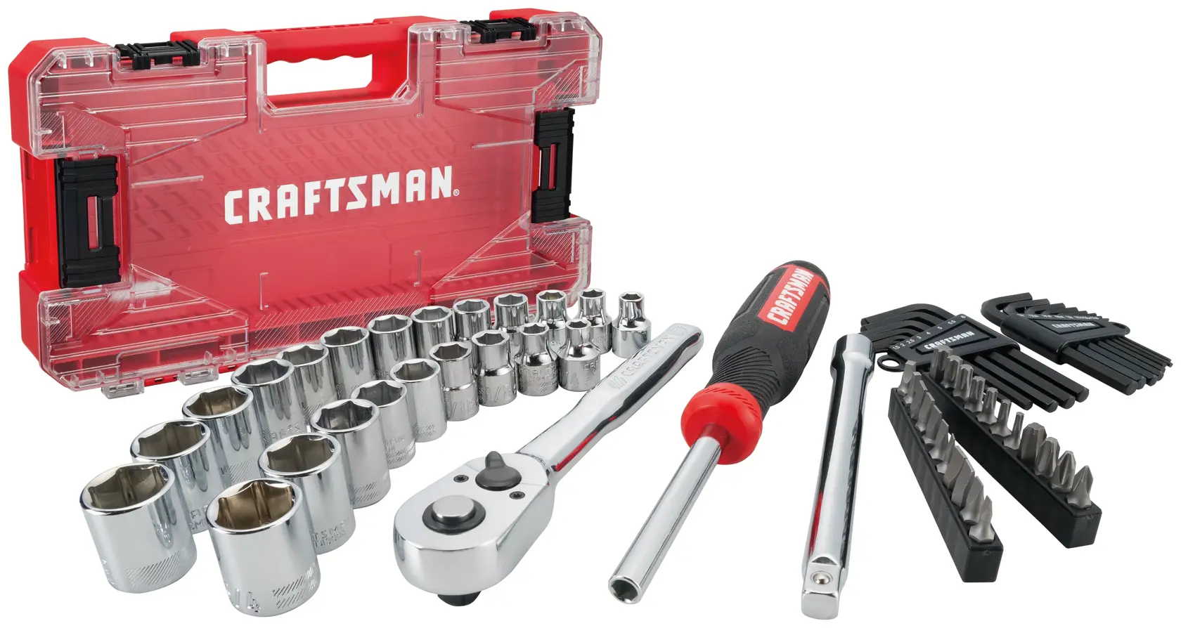 Craftsman mechanic tool set with red case, sockets, ratchet, screwdriver, extension bar, hex keys, and bits, white background beauty shot, front angle.