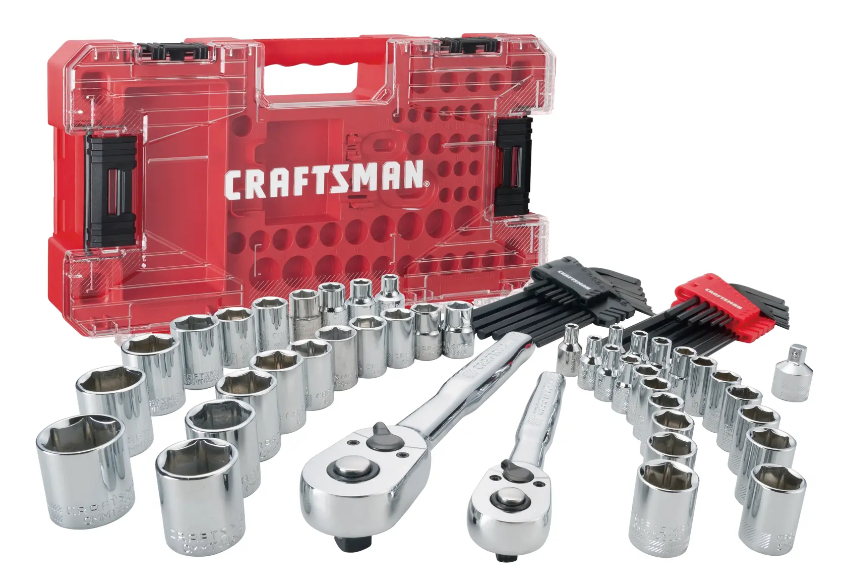Craftsman socket and ratchet set 135-piece with red case white background beauty shot front angle