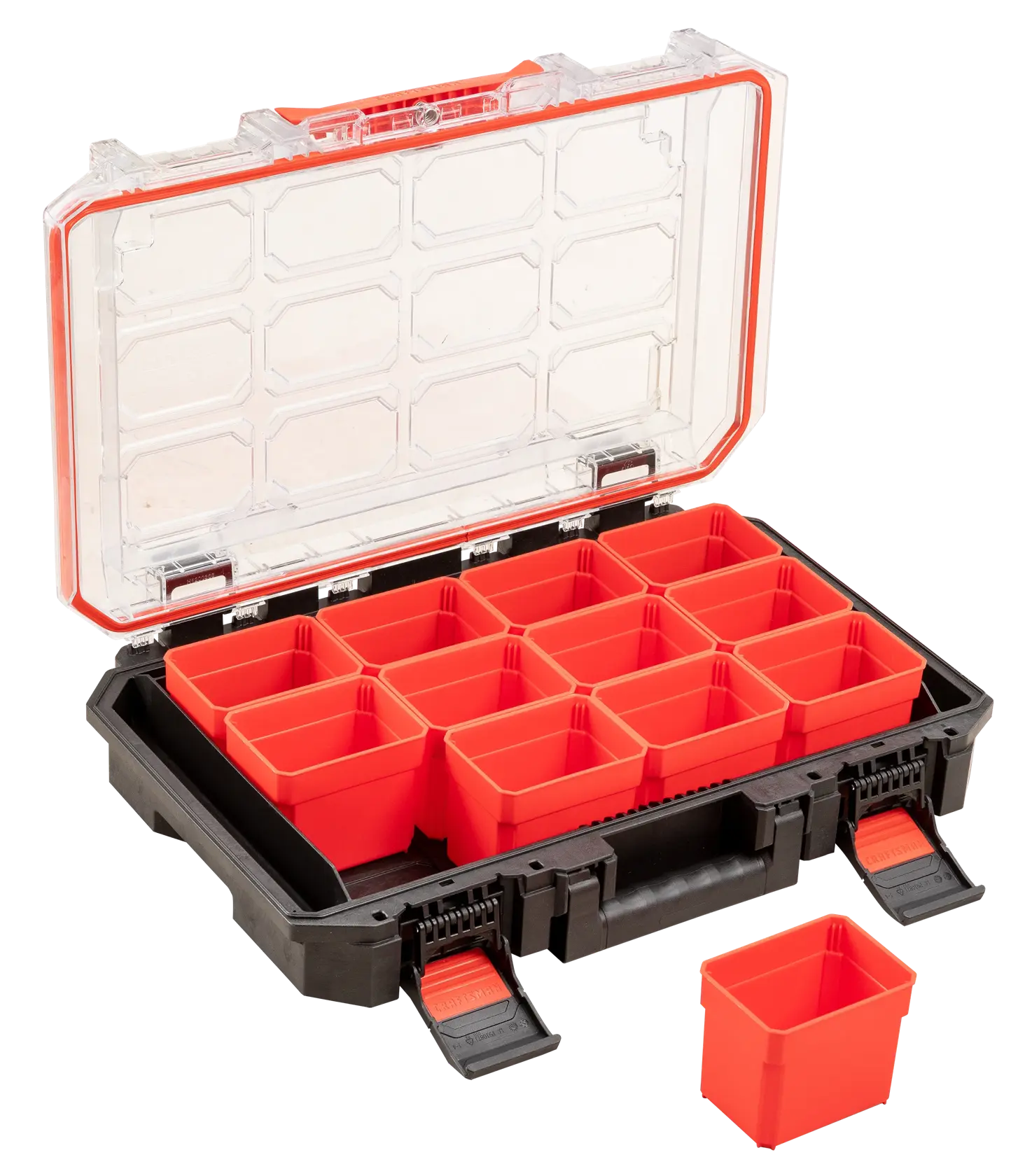 Open organizer case at an angle towards the left with a feature of a container out of the case to the side