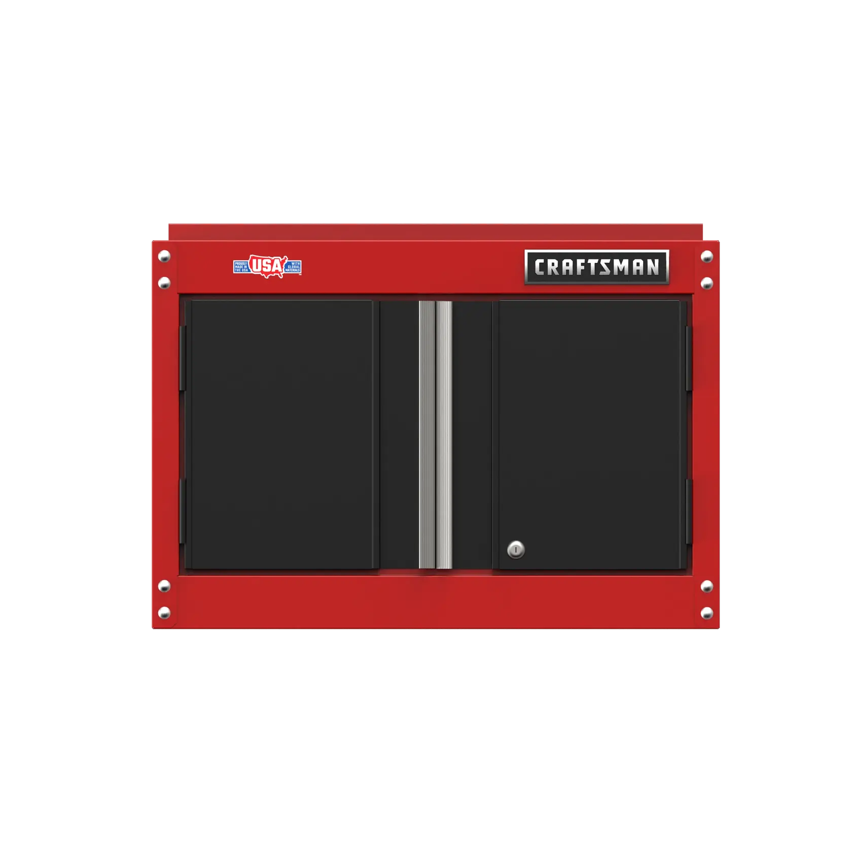 A red and black wall-mounted storage cabinet with two doors, labeled with the brand name 'Craftsman' on the upper right corner. The cabinet features a lock on the right door and a sticker indicating 'Made in USA' on the upper left corner.