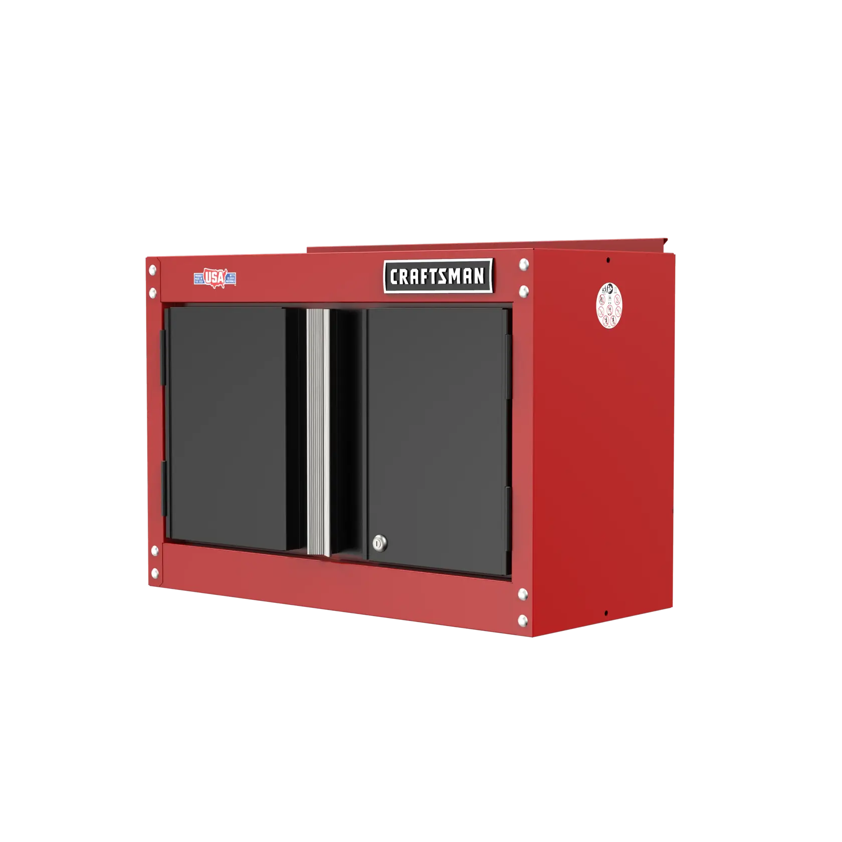A red metal wall-mounted cabinet with black double doors and a Craftsman logo on the front. The cabinet features a lock and is designed for storing tools or equipment.