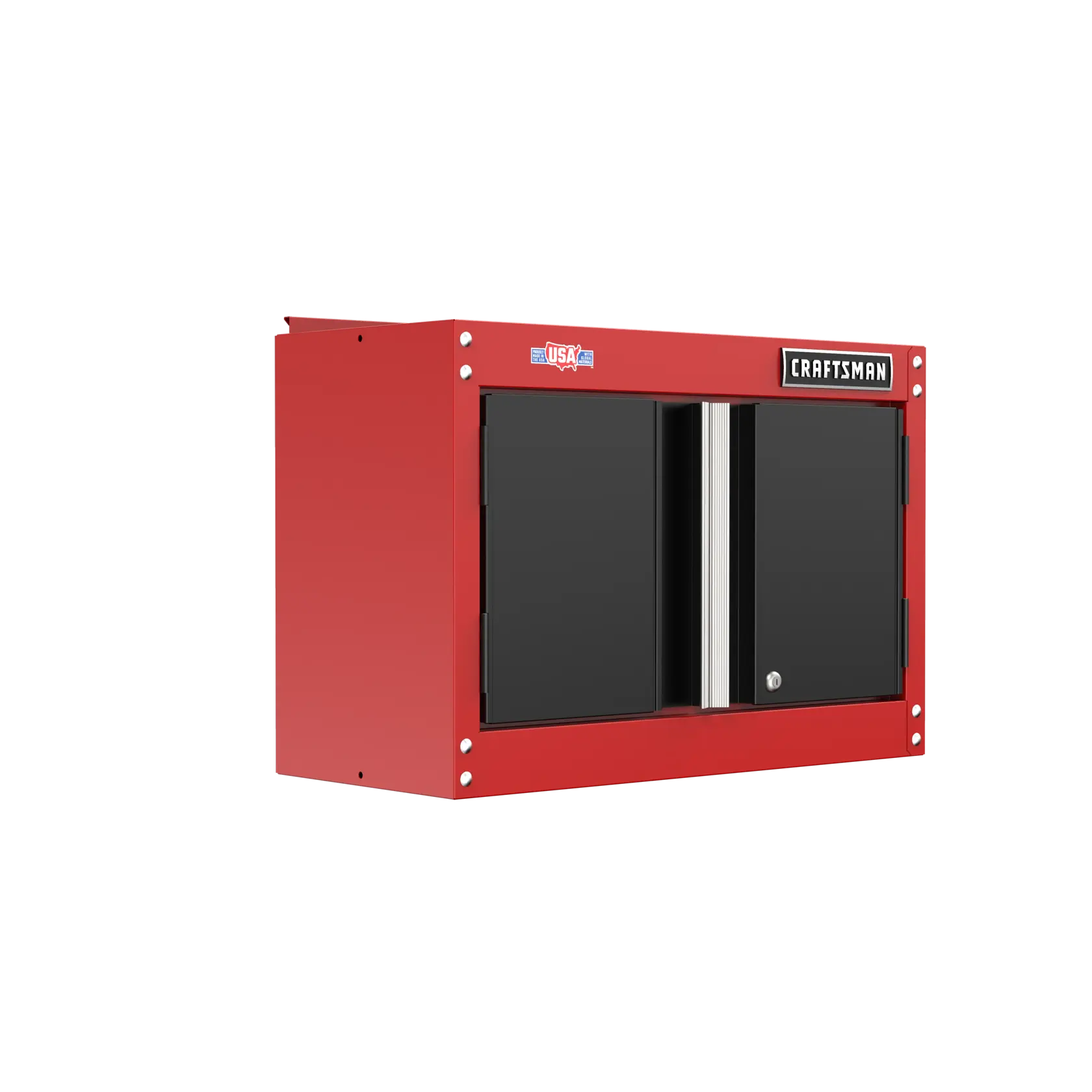 A red wall-mounted storage cabinet with black double doors and a lock. The cabinet has branding labels on the front.