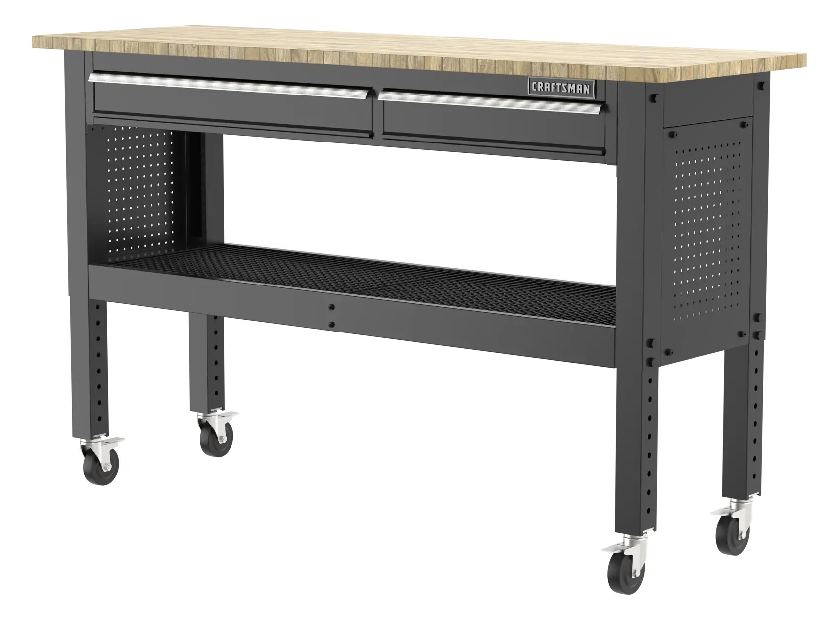 A rolling workbench with a wooden top, two metal drawers, perforated side panels, a lower metal shelf, and four locking caster wheels. The brand logo 'Craftsman' is visible on the front.