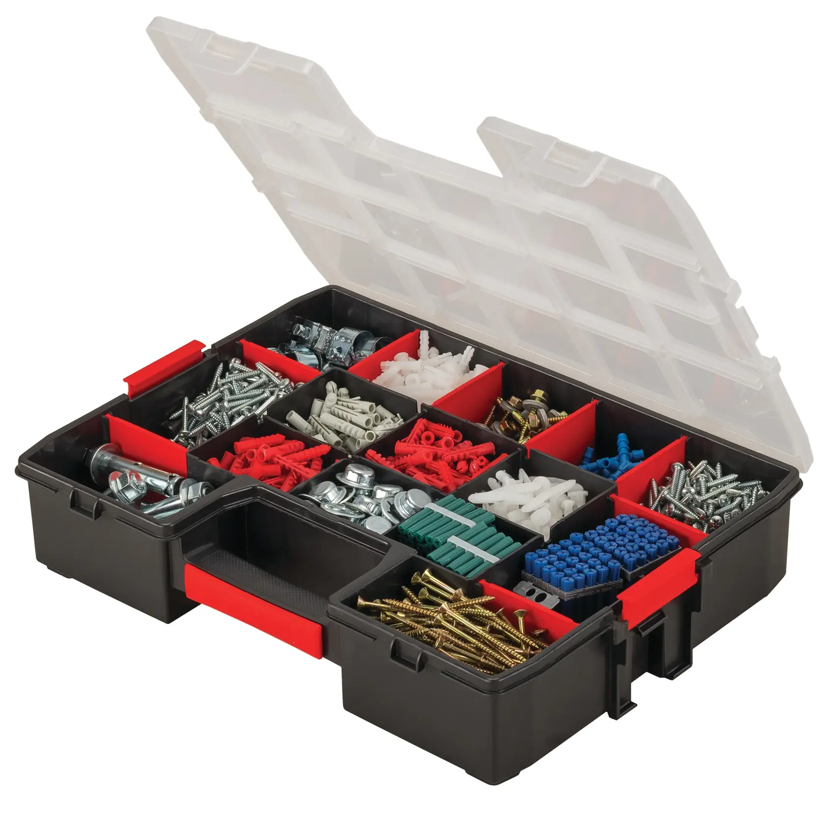 Black and red organizer box filled with assorted screws, wall anchors, nuts, and bolts, white background beauty shot, angled view.