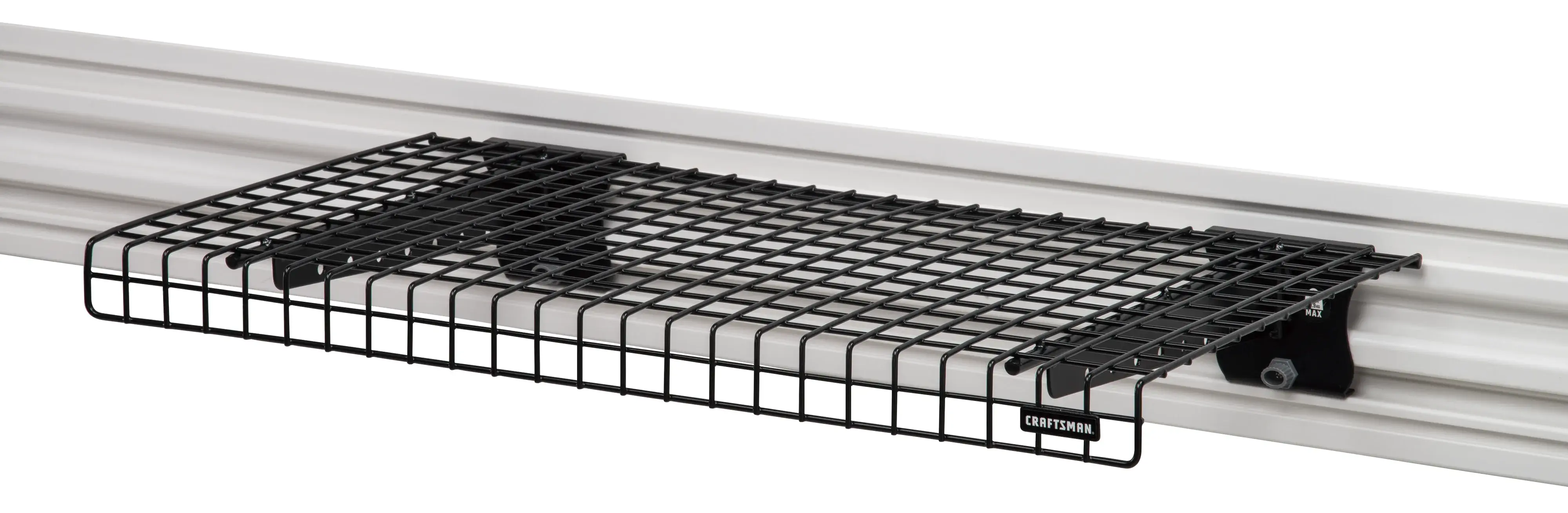 Black VERSATRACK Wire Shelf attached to white VERSATRACK trackwall