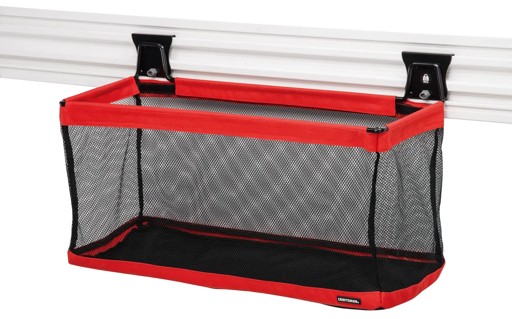 Black and red VERSATRACK 24 inch large mesh basket attached to white VERSATRACK trackwall