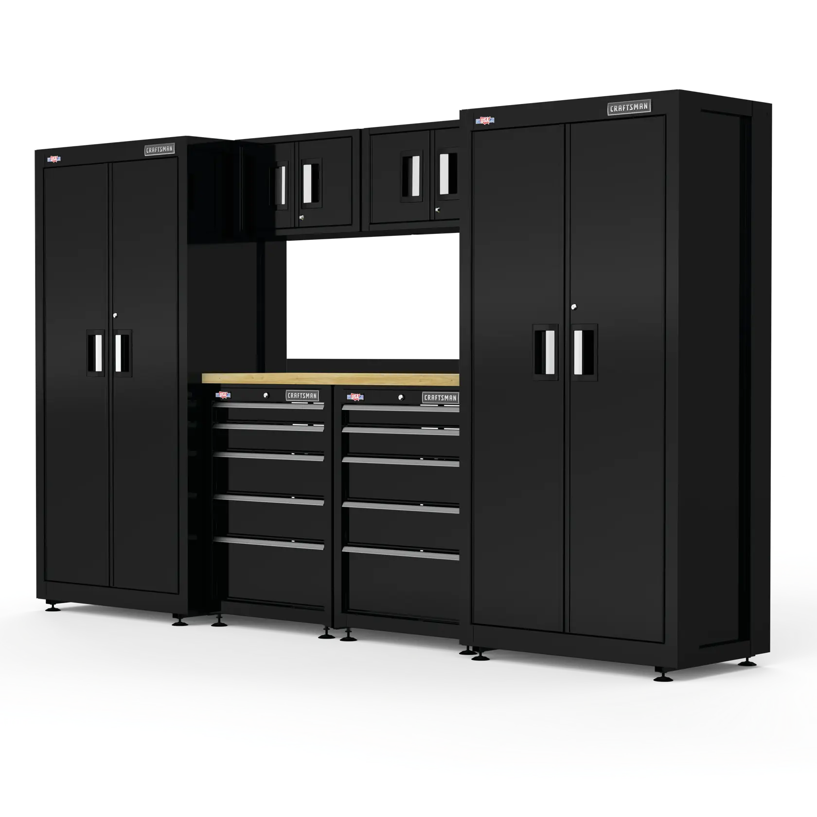 Photo of CRAFTSMAN CMST98243BK black garage storage cabinet and drawer set, front angle on white background.