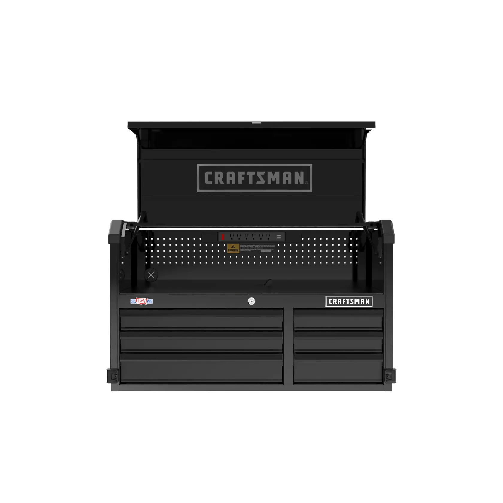 Front angle photo of Craftsman black tool chest with drawers, pegboard, and CMST98259BK label.