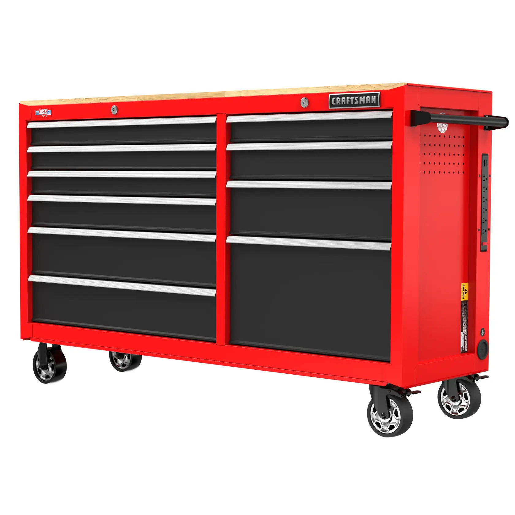 Craftsman CMST98275RB red rolling tool chest with wood top, black drawers, front angle photo.