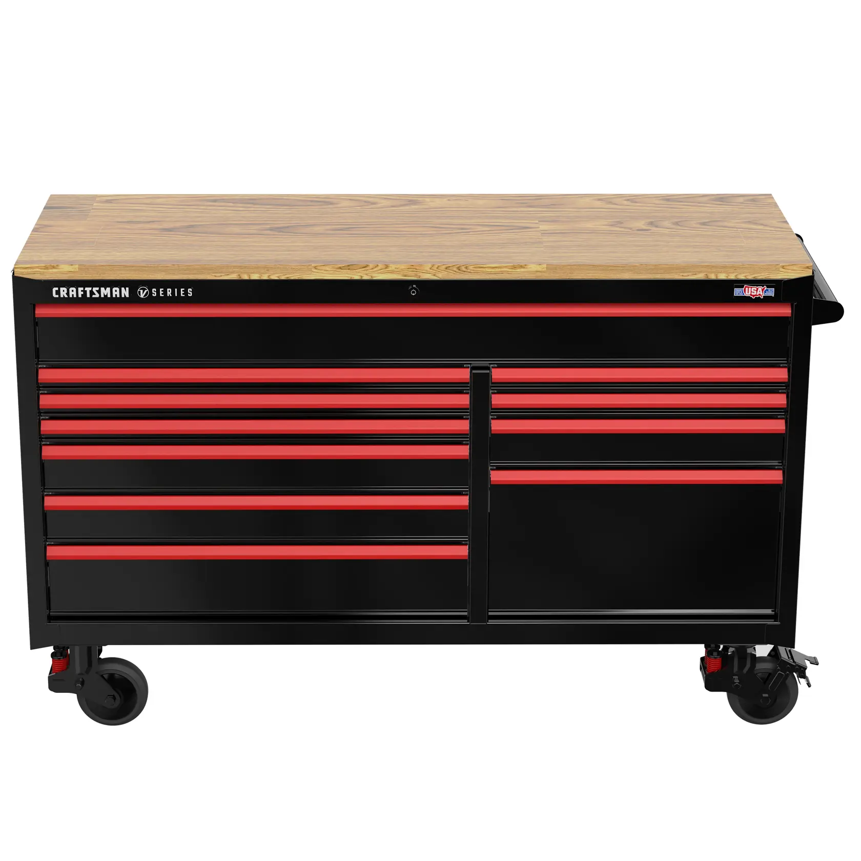 A large black rolling tool chest with red trim and multiple drawers. The chest has a wooden top and caster wheels for mobility. Branding on the chest reads 'CRAFTSMAN SERIES'.
