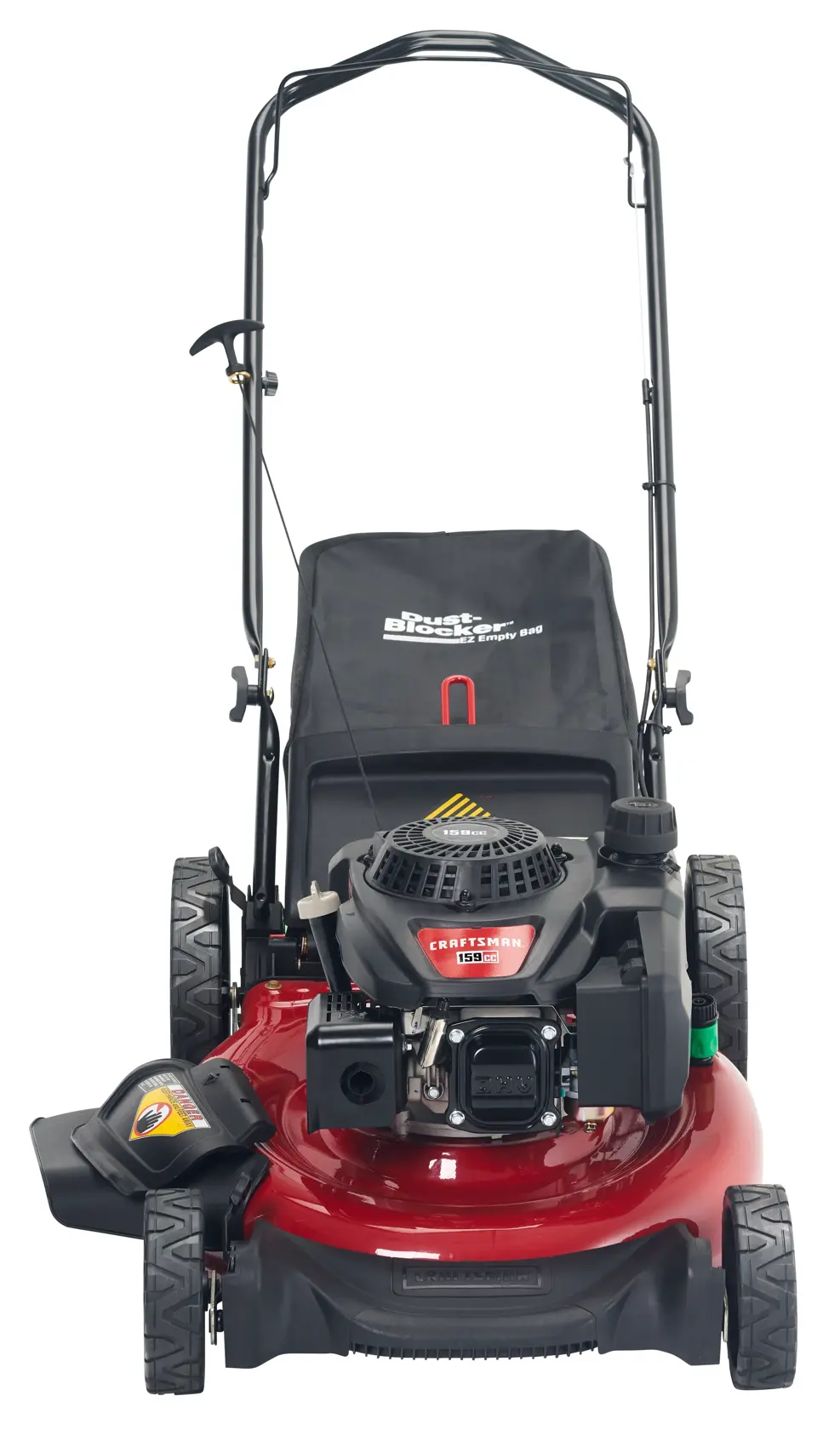Front view of a red and black push lawn mower with a grass collection bag attached at the back, featuring large wheels and a Craftsman engine.
