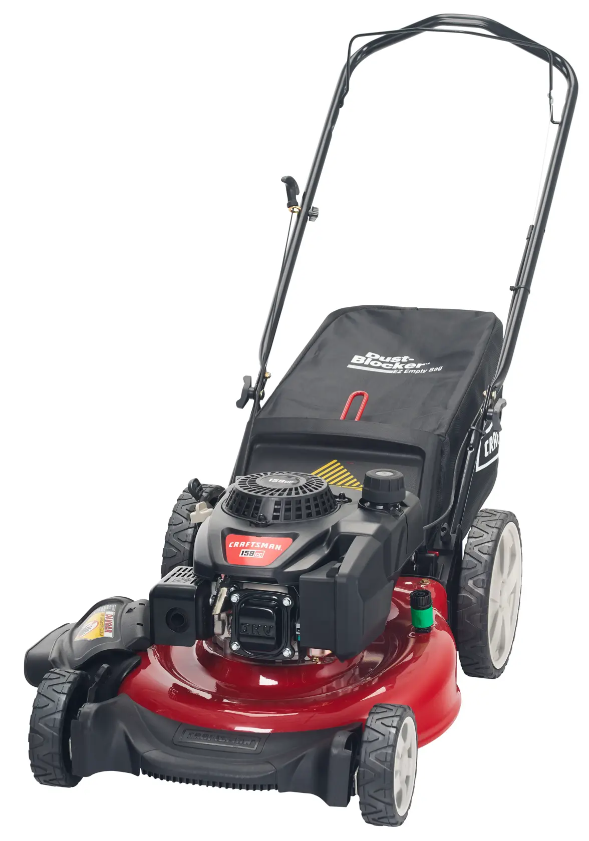 A gasoline-powered push lawn mower with a red base and black engine, featuring a grass collection bag attached at the rear and a metal handle for operation.