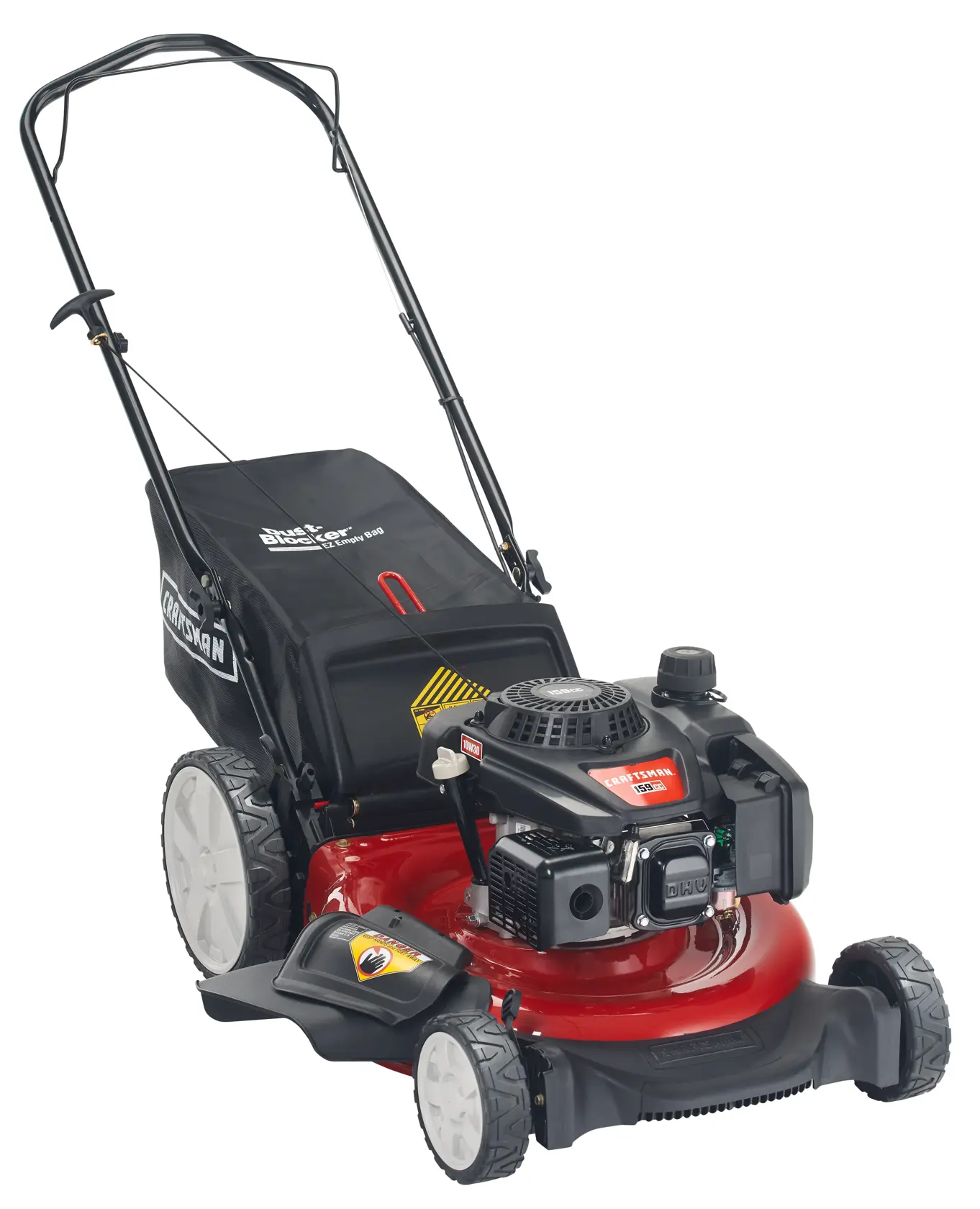 A gas-powered push lawn mower with a black and red body, large rear wheels, and a grass collection bag attached at the back.