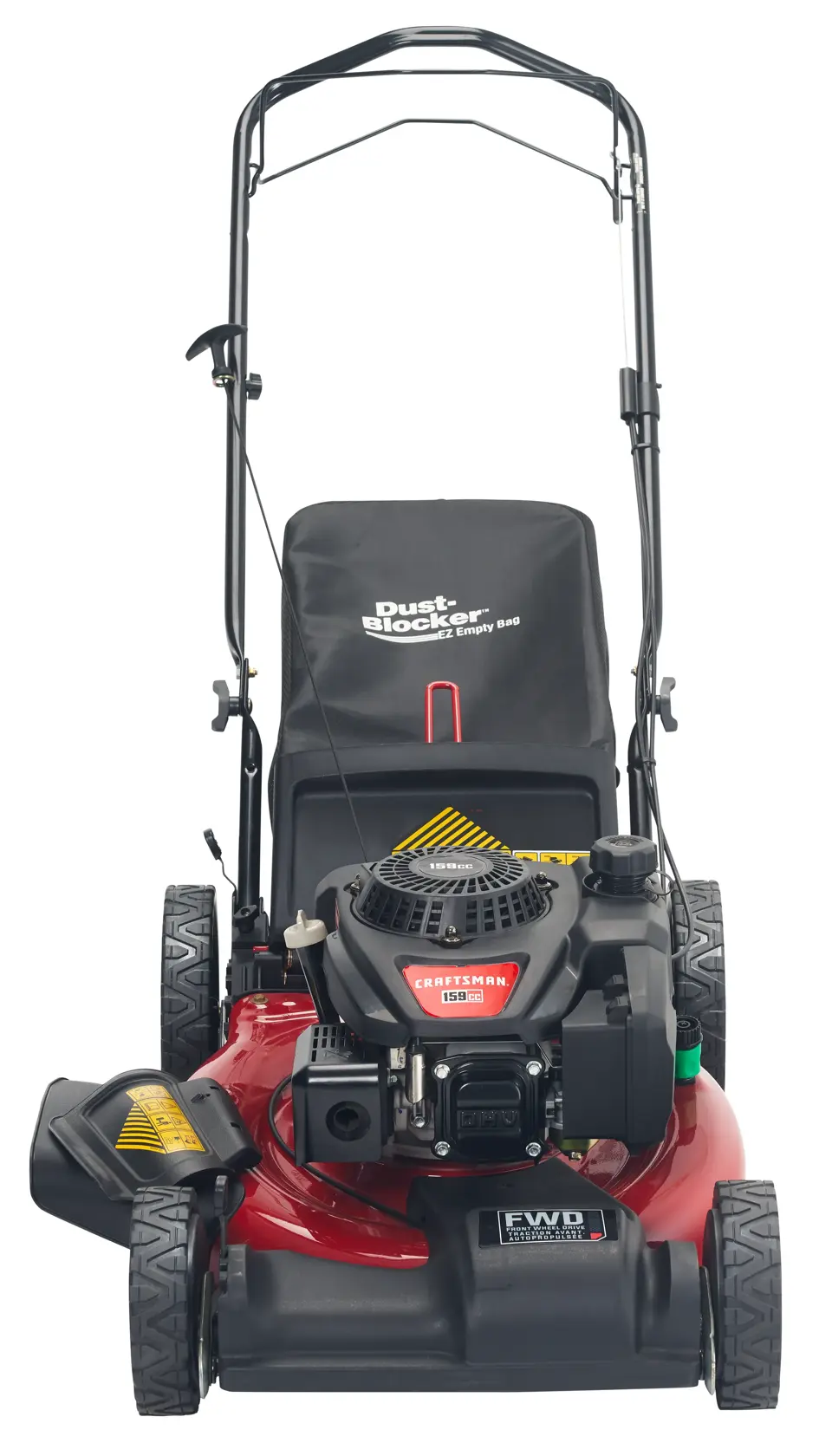 Front view of a Craftsman lawn mower with a dust blocker bag, featuring a gas-powered engine and forward wheel drive, designed for yard and garden maintenance.