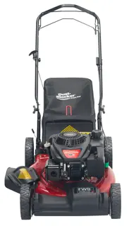 Front view of a Craftsman lawn mower with a dust blocker bag, featuring a gas-powered engine and forward wheel drive, designed for yard and garden maintenance.