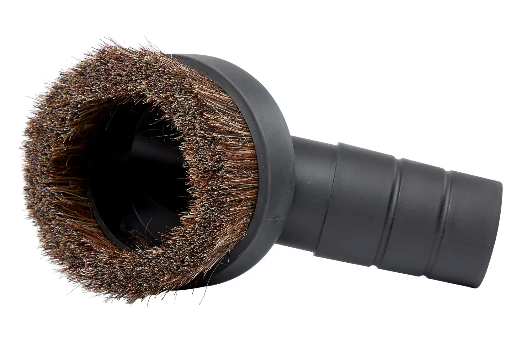 A close-up image of a round vacuum brush attachment with a ring of bristles and a black plastic connector.